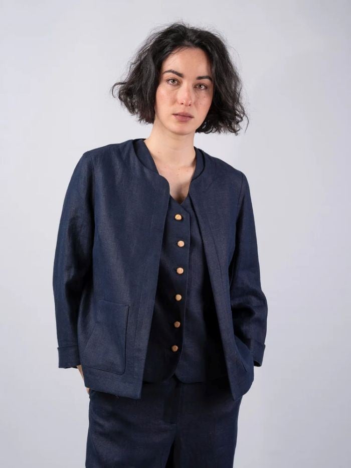 ladies navy dress jacket Women's Linen Boxy & Blazer wjblnny womens military style jacket